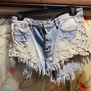 We The Free Light Blue Jean Shorts with Lace Trim
